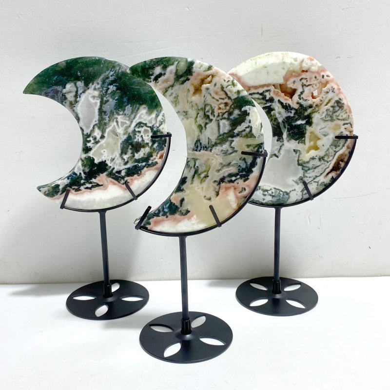 7 Pieces Large Geode Green & Pink Moss Agate Moon Carving With Stand -Wholesale Crystals