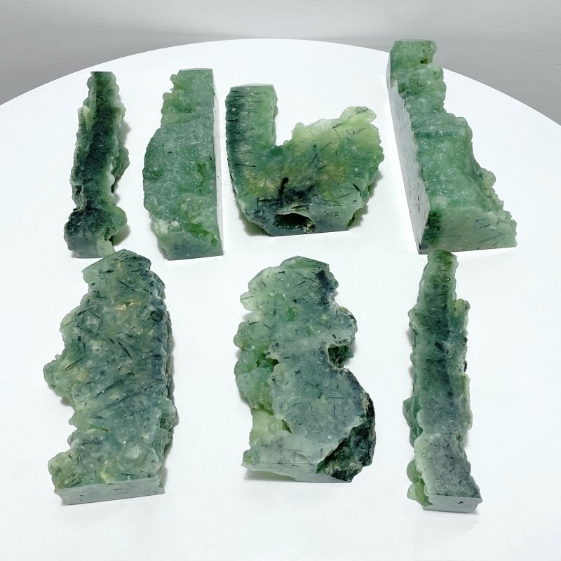 7 Pieces Large Natural Prehnite Tower Raw Side - Wholesale Crystals