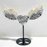 Gray Lace Agate Heart Wing Carving With Stand