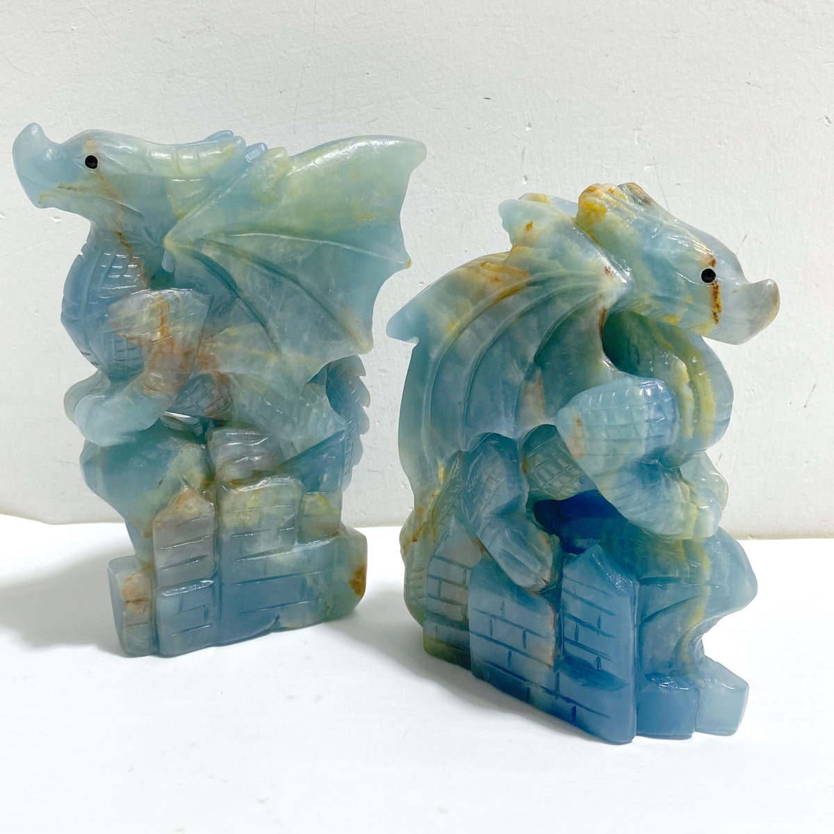 2 Pieces Blue Onyx Flying Dragon Castle Carving
