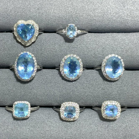 8 Pieces Beautiful High Quality S925 Sterling Silver Cut Faceted Aquamarine Different Styles Ring - Wholesale Crystals