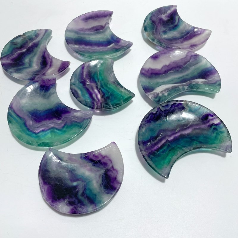 8 Pieces Beautiful Rainbow Fluorite Moon Bowl Carving - Wholesale Crystals