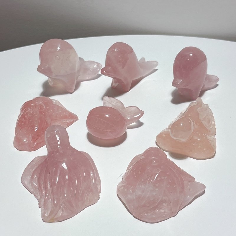 8 Pieces Beautiful Rose Quartz Sea Animals Carving - Wholesale Crystals