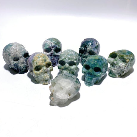 8 Pieces Moss Agate Skull Carving - Wholesale Crystals