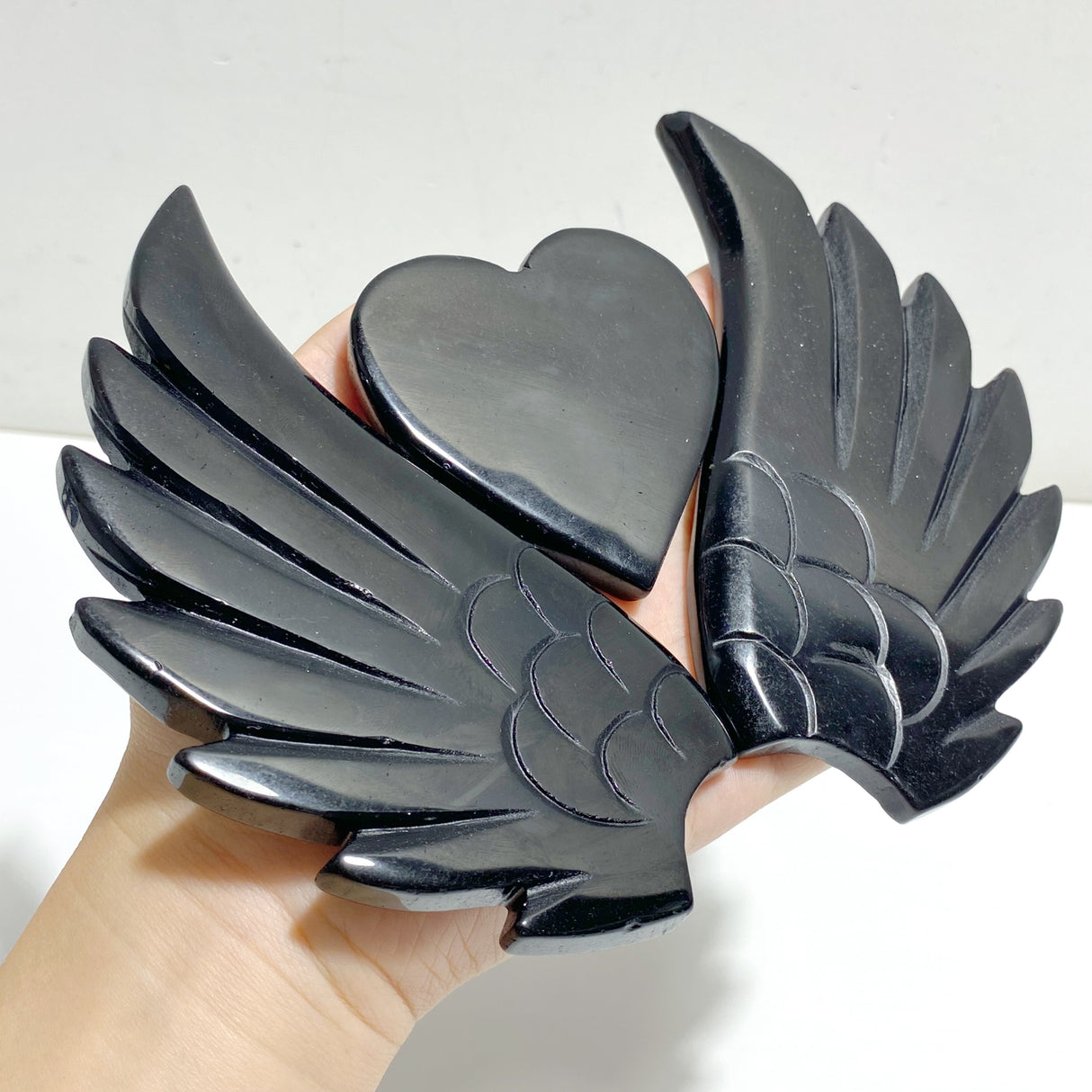Black Obsidian Heart Wing Carving With Stand