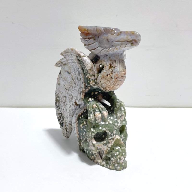 8th Vein Ocean Jasper Flying Dragon With Skull Carving - Wholesale Crystals