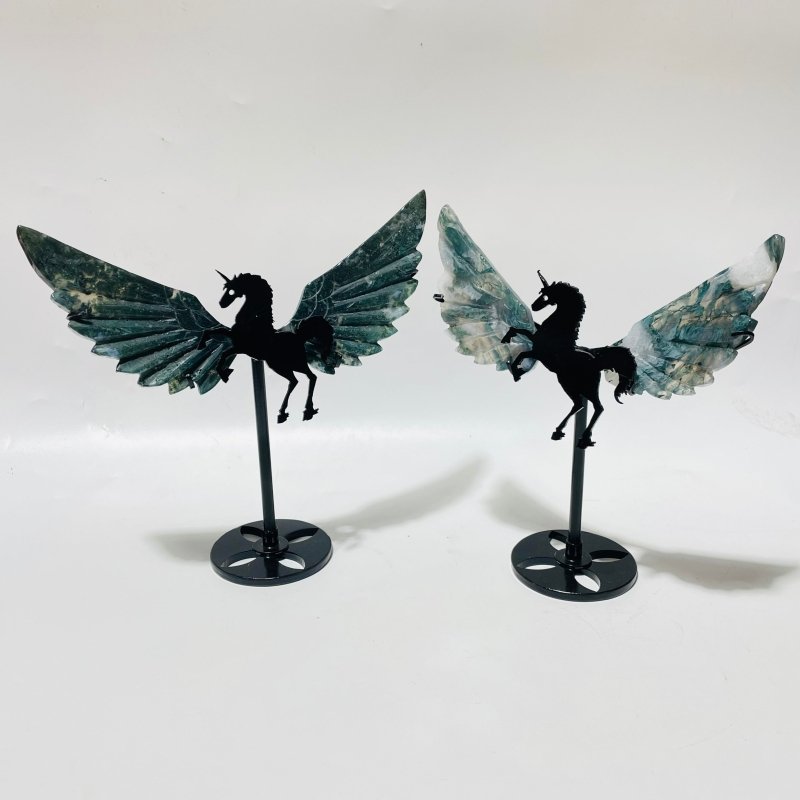 9 Pairs Moss Agate Small Pegasus Wing Carving With Stand - Wholesale Crystals