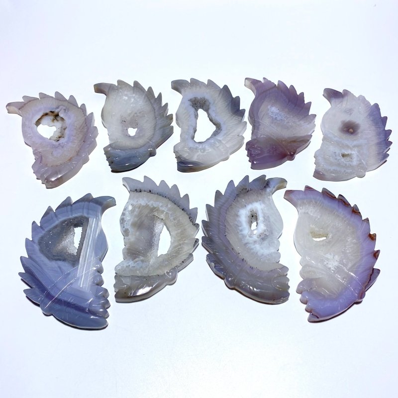 9 Pieces Geode Agate Druzy Indian Feathers Carving - Wholesale Crystals