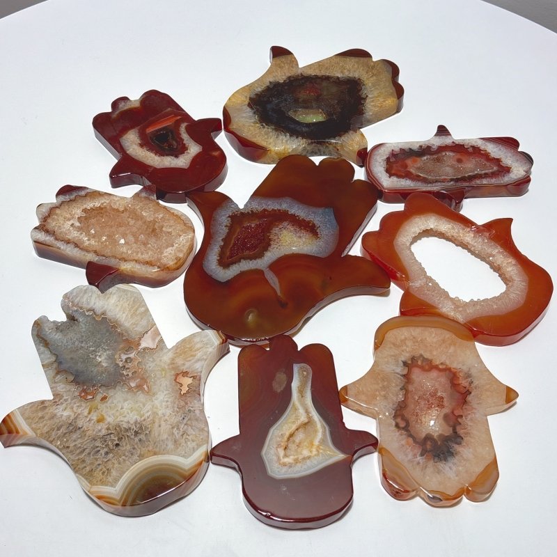 9 Pieces Large Carnelian Geode Hamsa Hand Carving - Wholesale Crystals