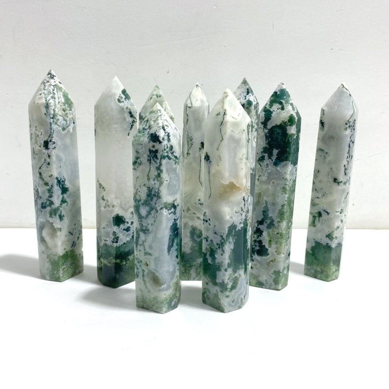 9 Pieces Large Druzy Moss Agate Point - Wholesale Crystals