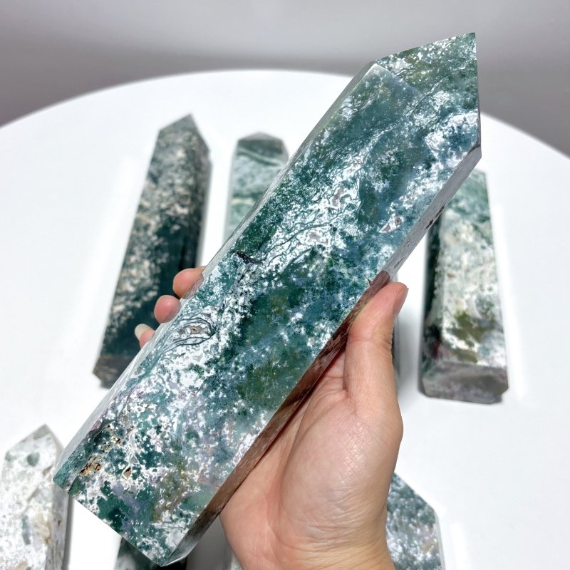 9 Pieces Large White Moss Agate Tower Points Closeout - Wholesale Crystals