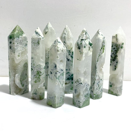 9 Pieces White Geode Druzy Moss Agate Point - Wholesale Crystals