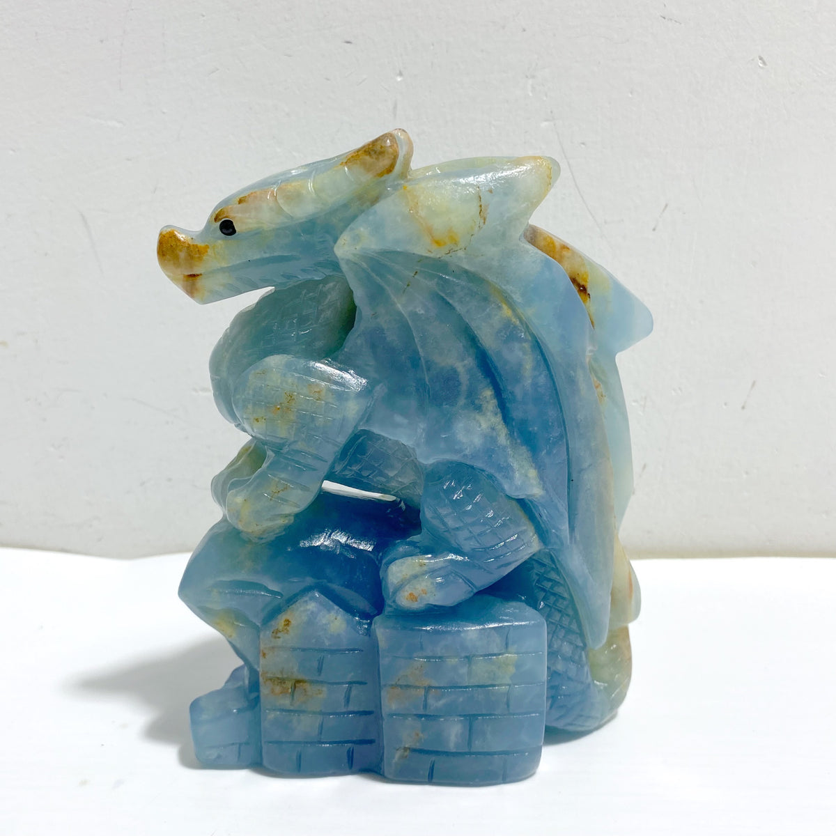 2 Pieces Blue Onyx Flying Dragon Castle Carving