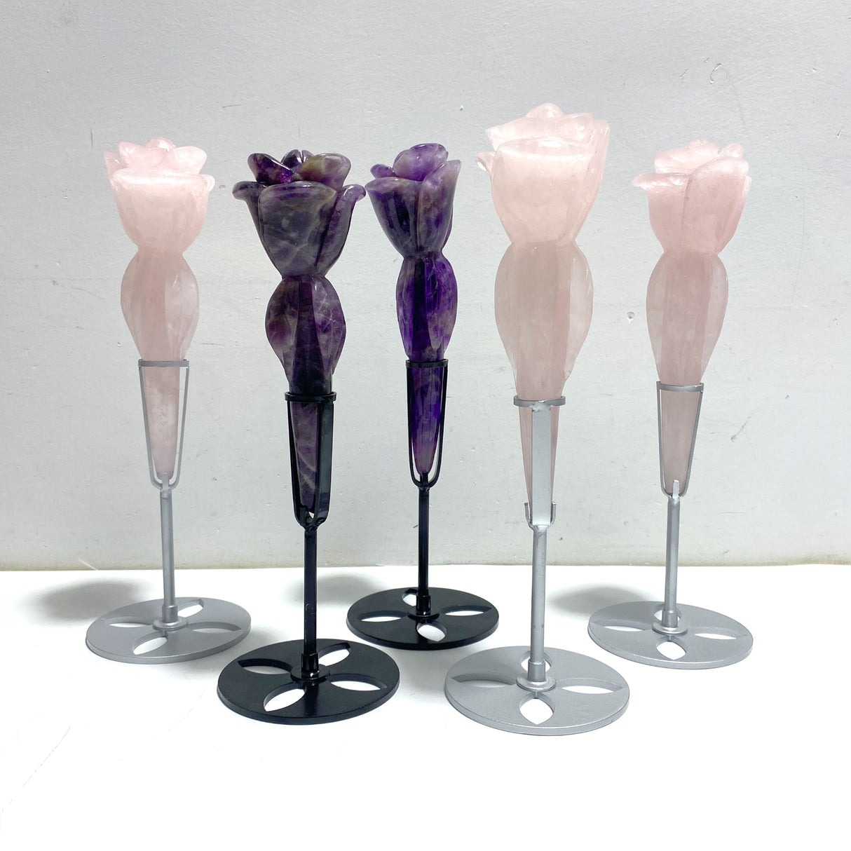 5 Pieces Rose Quartz Chevron Amethyst Flower Carving With Stand