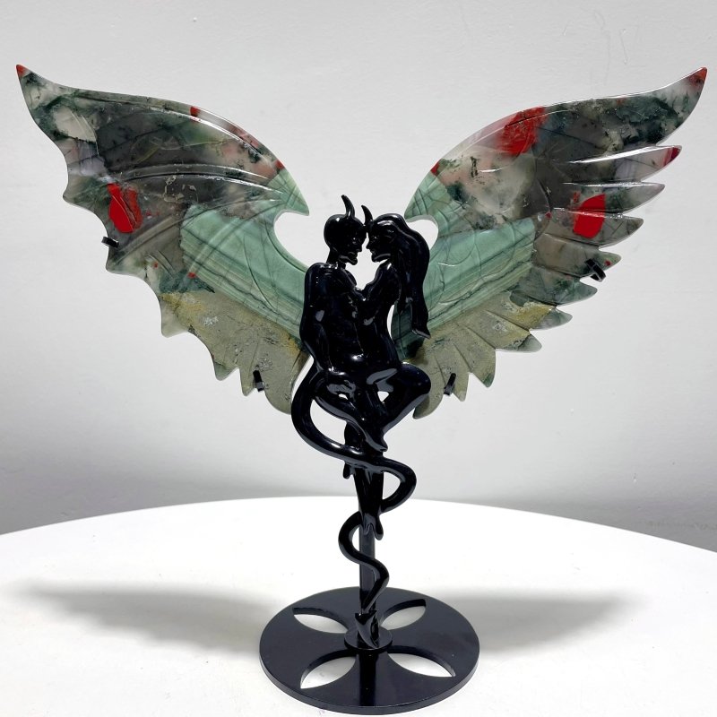 Africa Blood Stone Demon And Angel Wing Carving With Stand - Wholesale Crystals