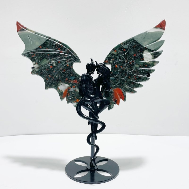 Africa Blood Stone Demon And Angel Wing Carving With Stand - Wholesale Crystals