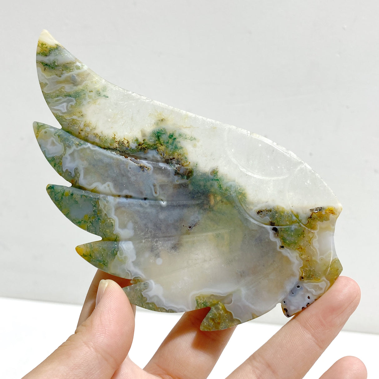 Moss Agate Heart Wing Carving With Stand