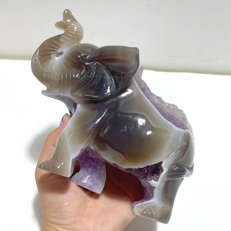 Beautiful Amethyst Mixed Geode Agate Druzy Elephant Carving A01 - Wholesale Crystals