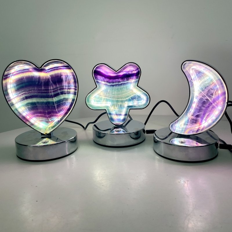 Beautiful Fluorite LED Table Lamp Flower Moon & Heart Shape - Wholesale Crystals