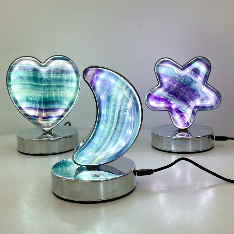 Beautiful Fluorite LED Table Lamp Flower Moon & Heart Shape - Wholesale Crystals