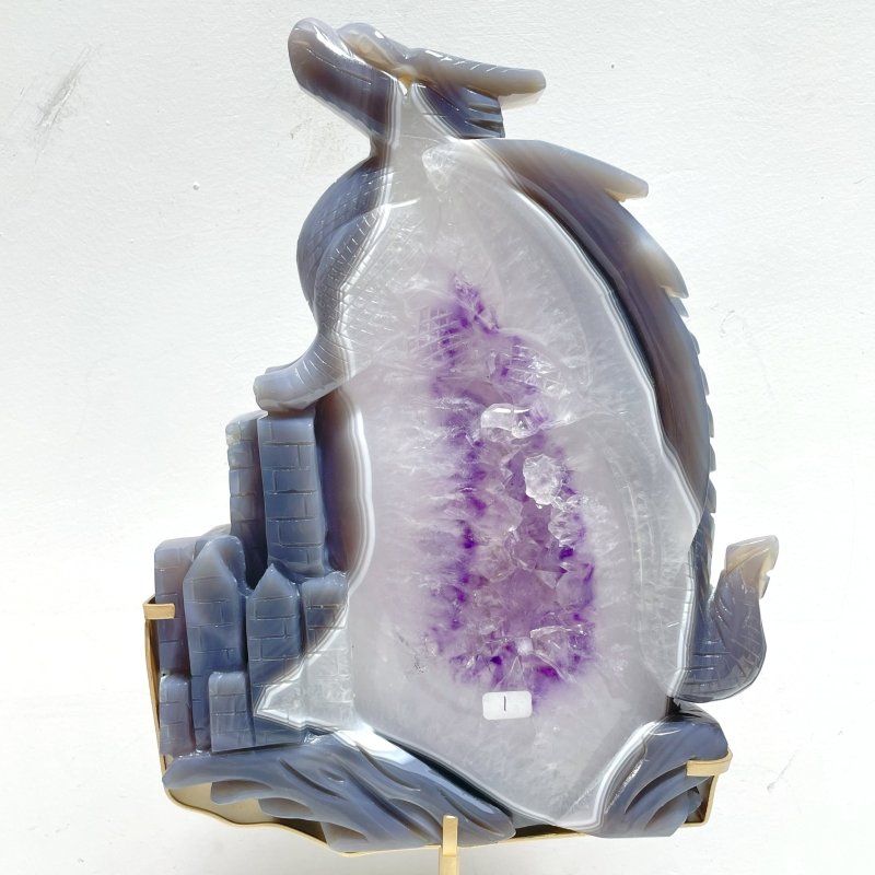 Beautiful Large Amethyst Mixed Geode Agate Flying Dragon Castle Carving With Stand - Wholesale Crystals