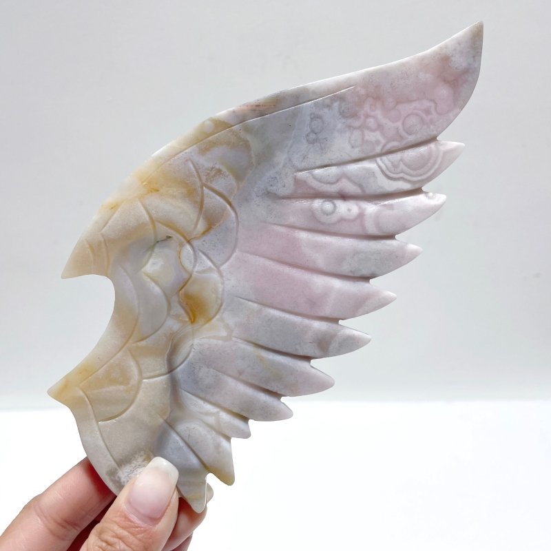 Beautiful Pink Flower Agate Demon And Angel Wing Carving With Stand - Wholesale Crystals