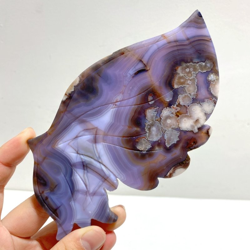 Beautiful Symmetric Purple Flower Agate Butterfly Wing Carving With Stand - Wholesale Crystals