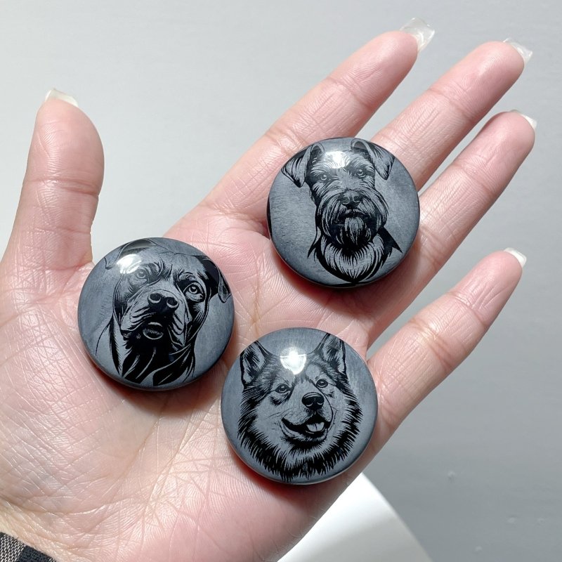 Black Obsidian Engraved Dog Round Slices DIY Accessories Wholesale - Wholesale Crystals