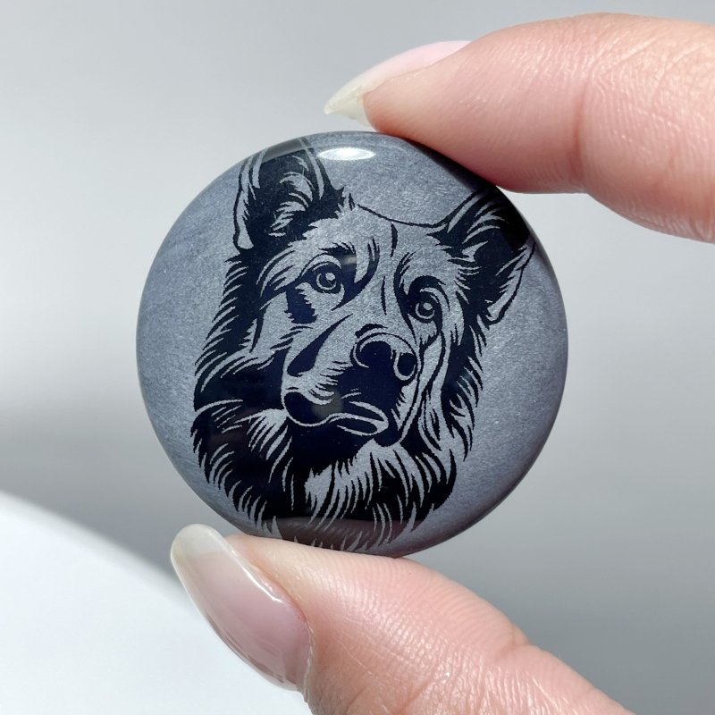 Black Obsidian Engraved Dog Round Slices DIY Accessories Wholesale - Wholesale Crystals