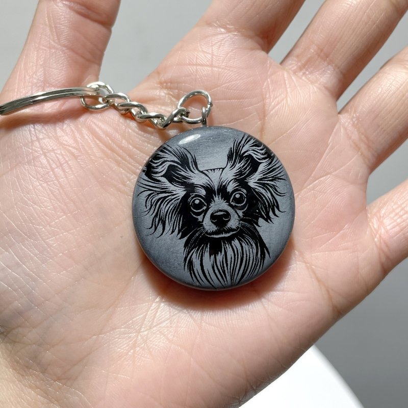 Black Obsidian Engraved Dog Round Slices Keychain Wholesale - Wholesale Crystals