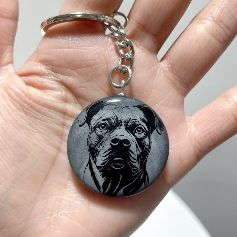 Black Obsidian Engraved Dog Round Slices Keychain Wholesale - Wholesale Crystals