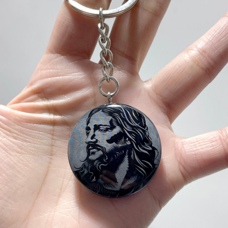 Black Obsidian Engraved Jesus Christ Round Slices Keychain Wholesale - Wholesale Crystals