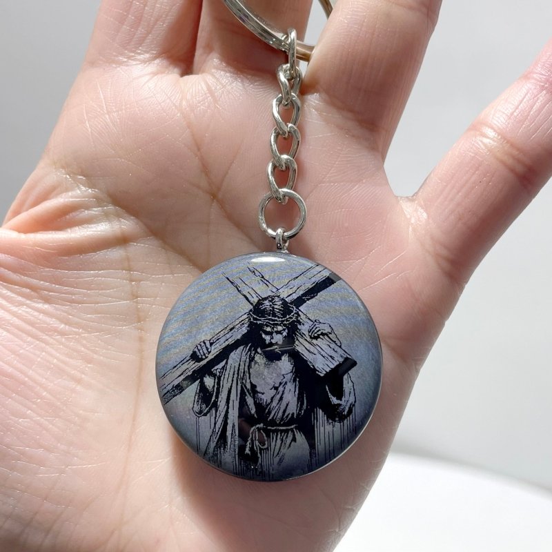 Black Obsidian Engraved Jesus Christ Round Slices Keychain Wholesale - Wholesale Crystals