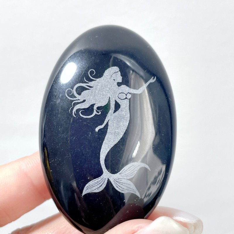 Black Obsidian Engraved Mermaid Palm 24 Designs Wholesale - Wholesale Crystals