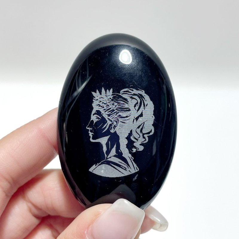 Black Obsidian Engraved Twelve Olympians Palm Stone Wholesale - Wholesale Crystals