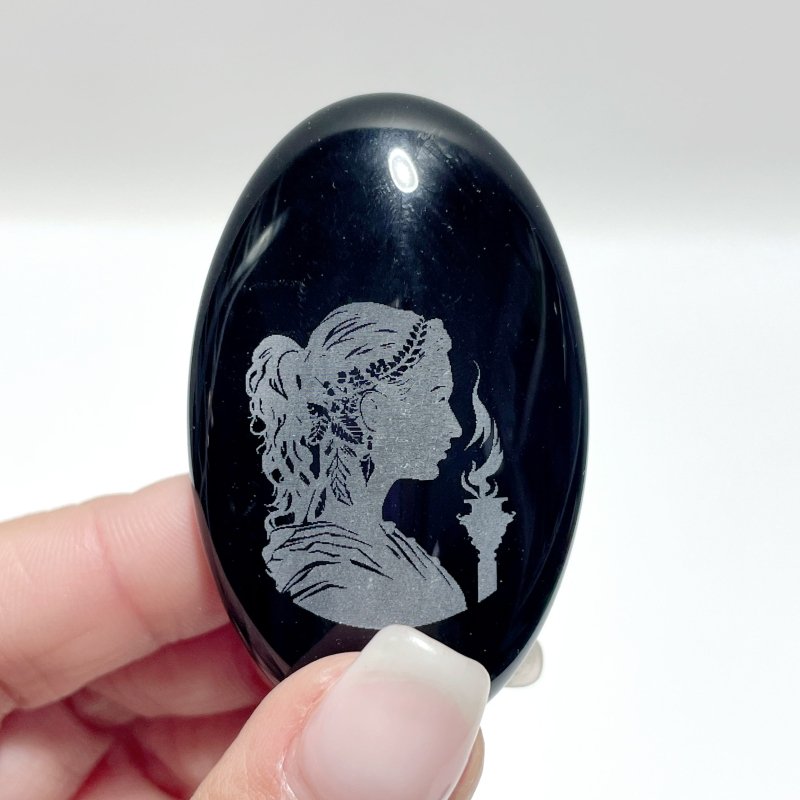 Black Obsidian Engraved Twelve Olympians Palm Stone Wholesale - Wholesale Crystals