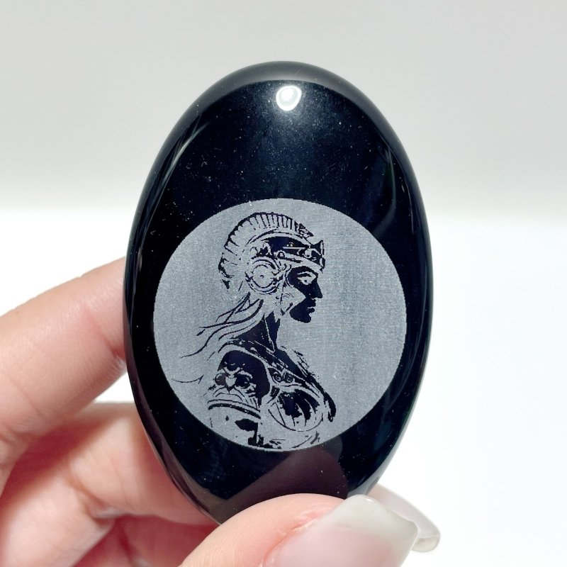 Black Obsidian Engraved Twelve Olympians Palm Stone Wholesale - Wholesale Crystals