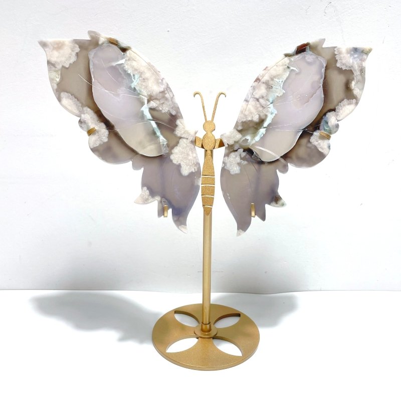 Black Sakura Flower Agate Butterfly Wing Carving With Stand - Wholesale Crystals