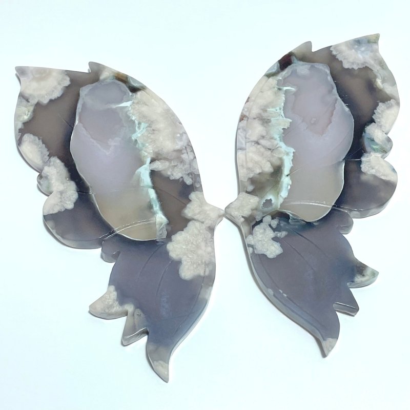 Black Sakura Flower Agate Butterfly Wing Carving With Stand - Wholesale Crystals
