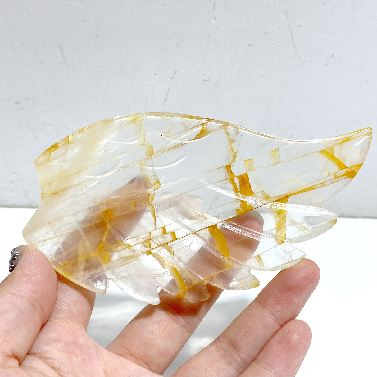 Golden Hematoid Quartz Fire Quartz Heart Wing Carving With Stand