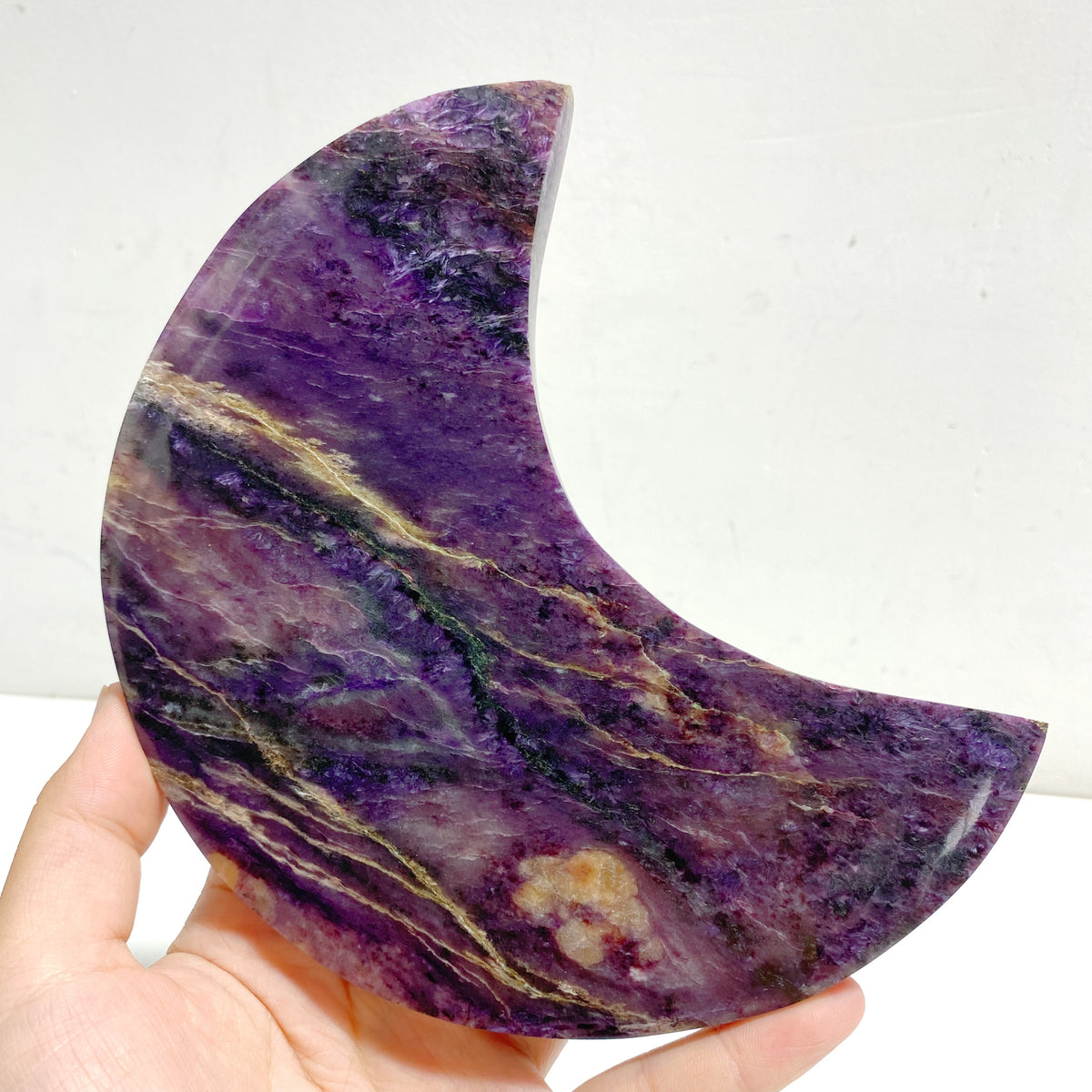 Large Charoite Moon Carving With Stand