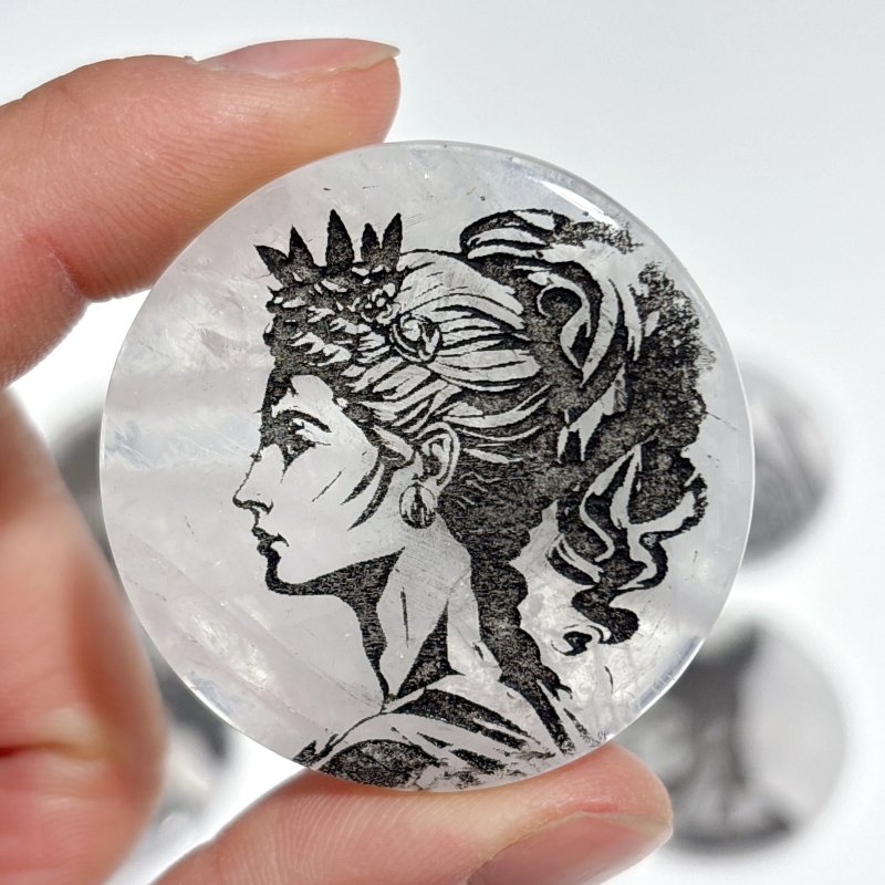 Clear Quartz Engraved Olympian Gods Round Slices DIY Accessories Wholesale - Wholesale Crystals