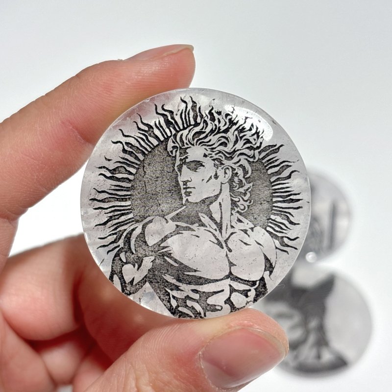 Clear Quartz Engraved Olympian Gods Round Slices DIY Accessories Wholesale - Wholesale Crystals