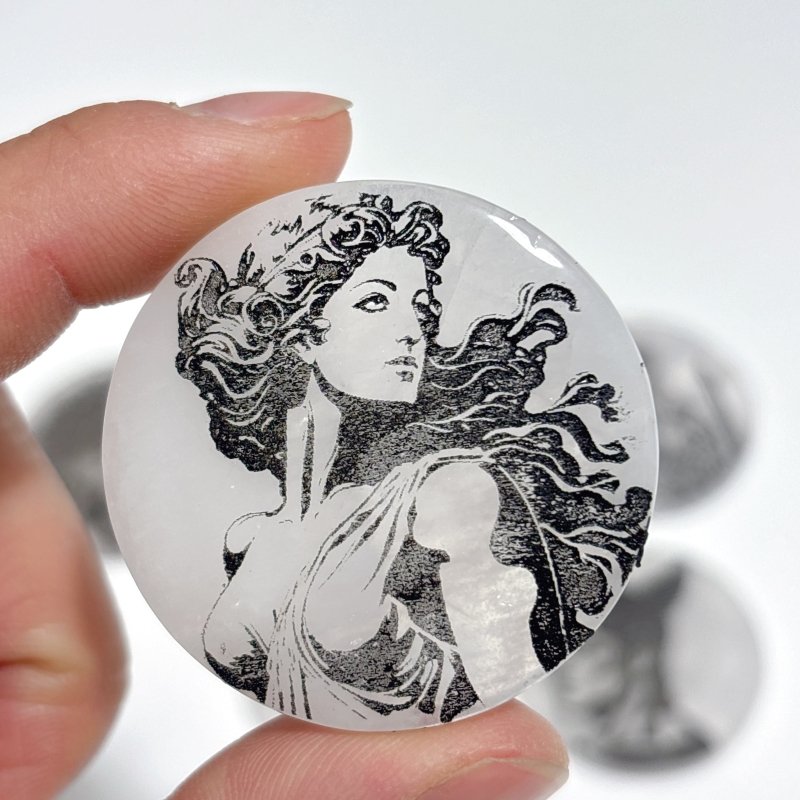 Clear Quartz Engraved Olympian Gods Round Slices DIY Accessories Wholesale - Wholesale Crystals