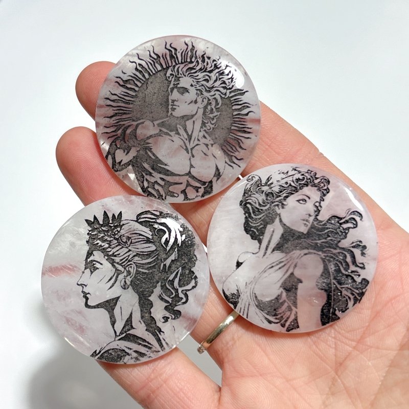 Clear Quartz Engraved Olympian Gods Round Slices DIY Accessories Wholesale - Wholesale Crystals