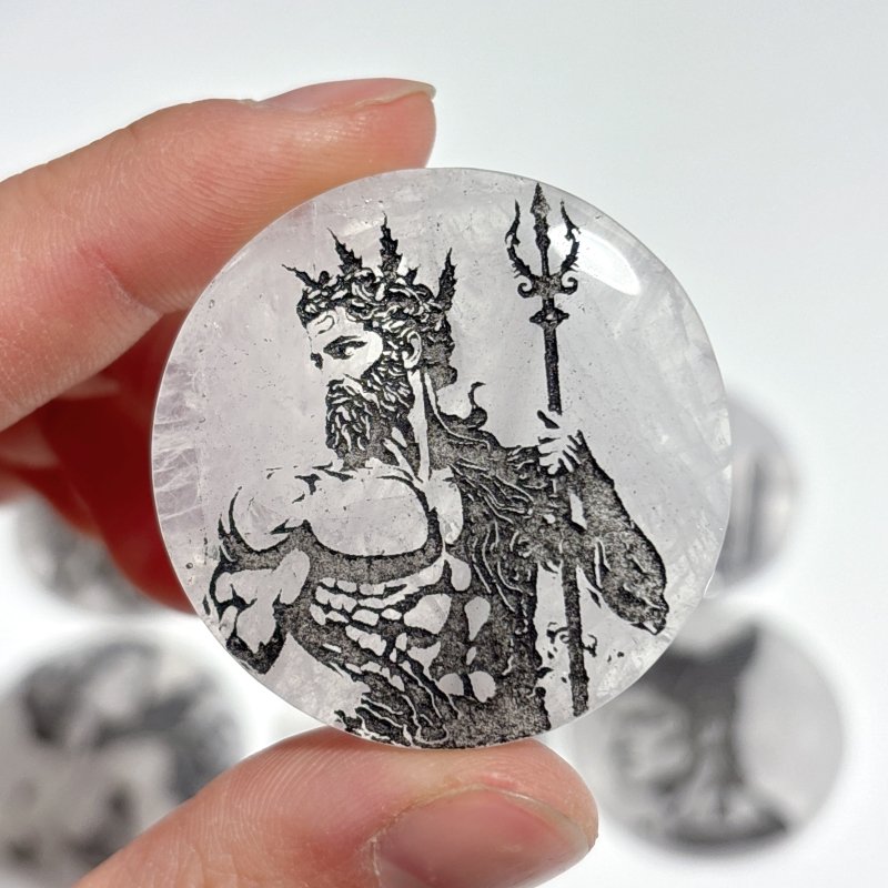 Clear Quartz Engraved Olympian Gods Round Slices DIY Accessories Wholesale - Wholesale Crystals