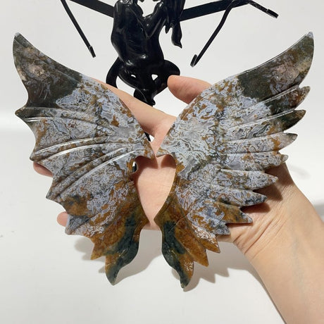Colorful Moss Agate Demon and Angel Wing Carving With Stand - Wholesale Crystals