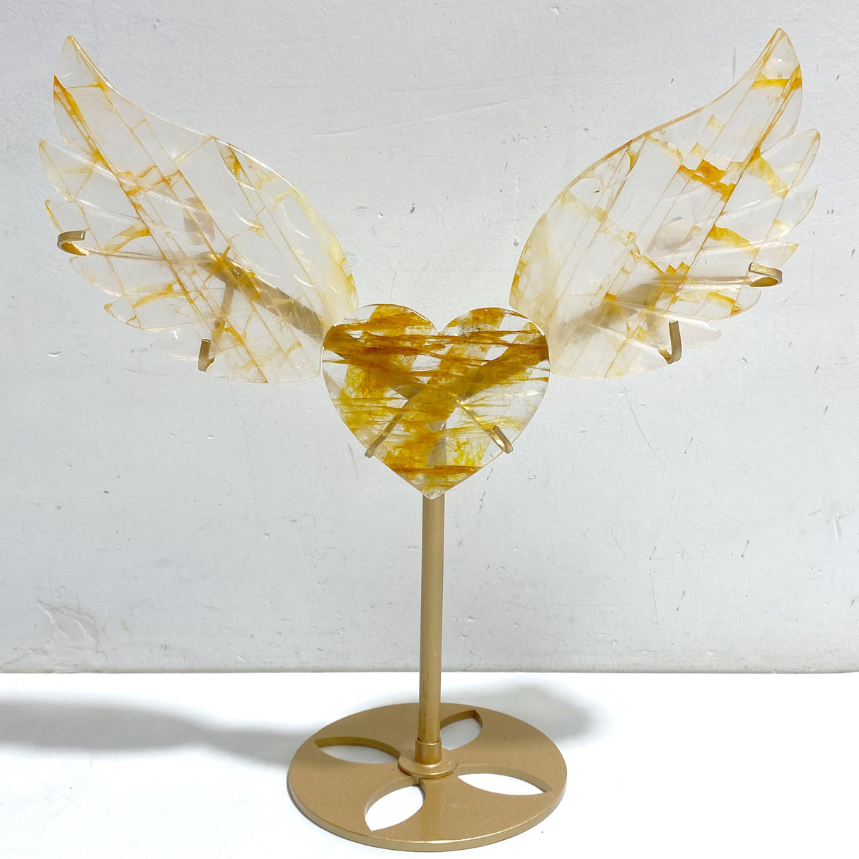 Golden Hematoid Quartz Fire Quartz Heart Wing Carving With Stand
