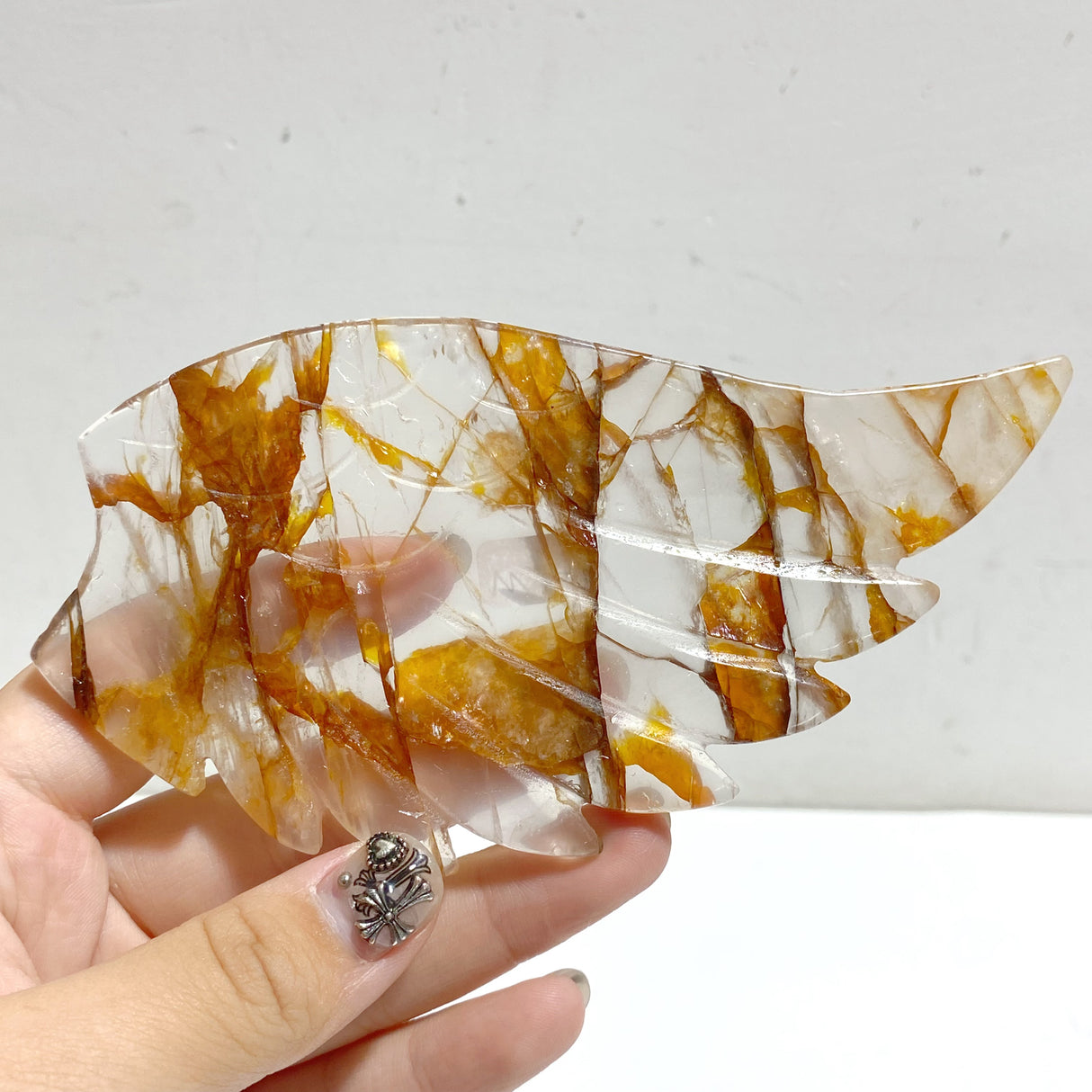 Red Fire Quartz Heart Wing Carving With Stand