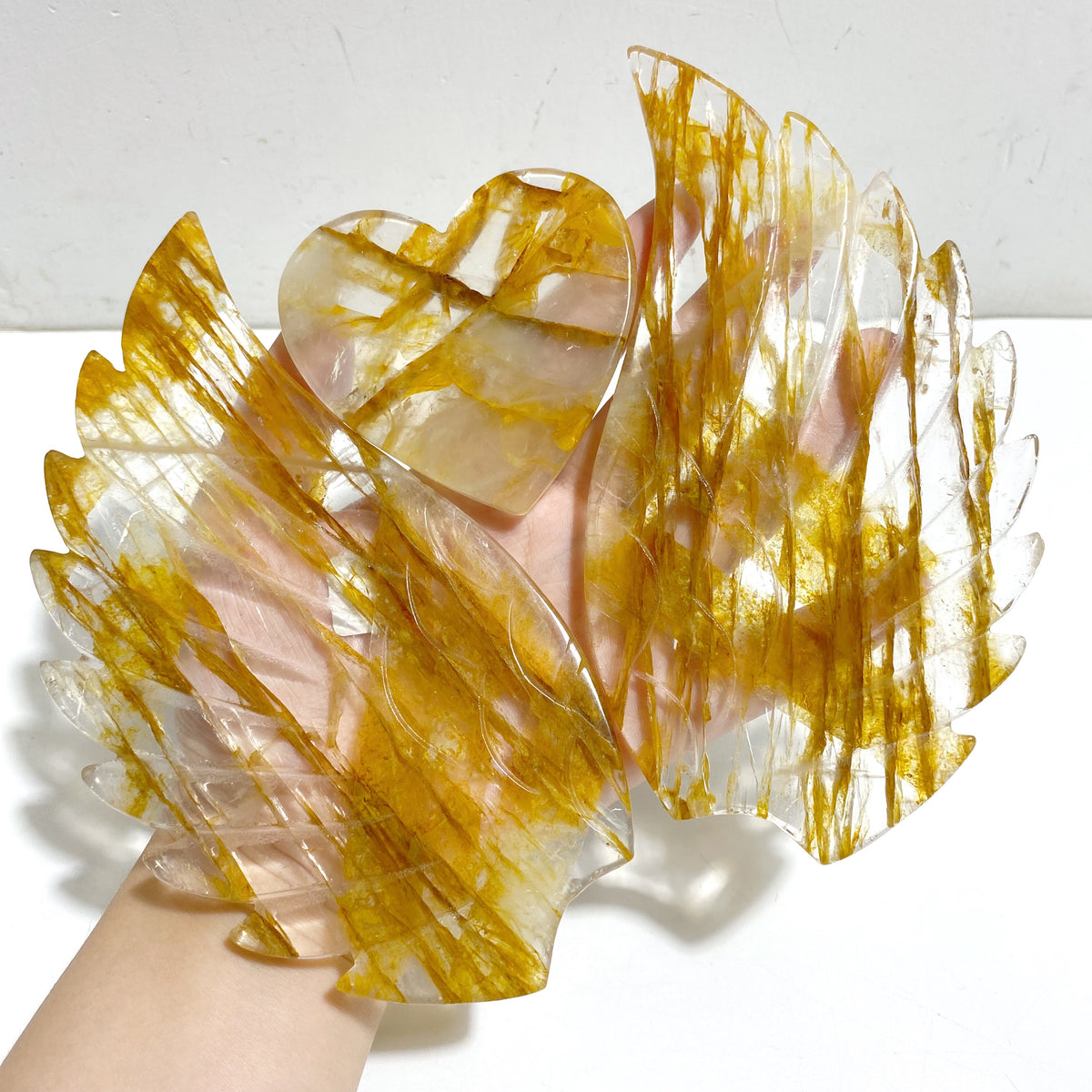 Golden Hematoid Quartz Heart Wing Carving With Stand Fire Quartz